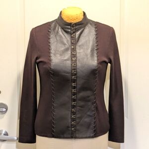 EUC 80s Tan Jay XL Leather and Knit Hook & Eye Front Stand Collar Sweater